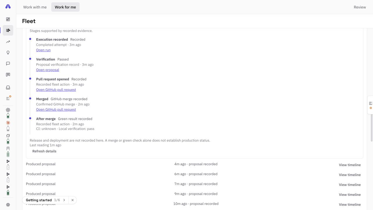 Ashlr Verse 3.22 Work for me: inline verification, GitHub PR and merge timeline with unknown CI and unrecorded deployment. Synthetic demo data.