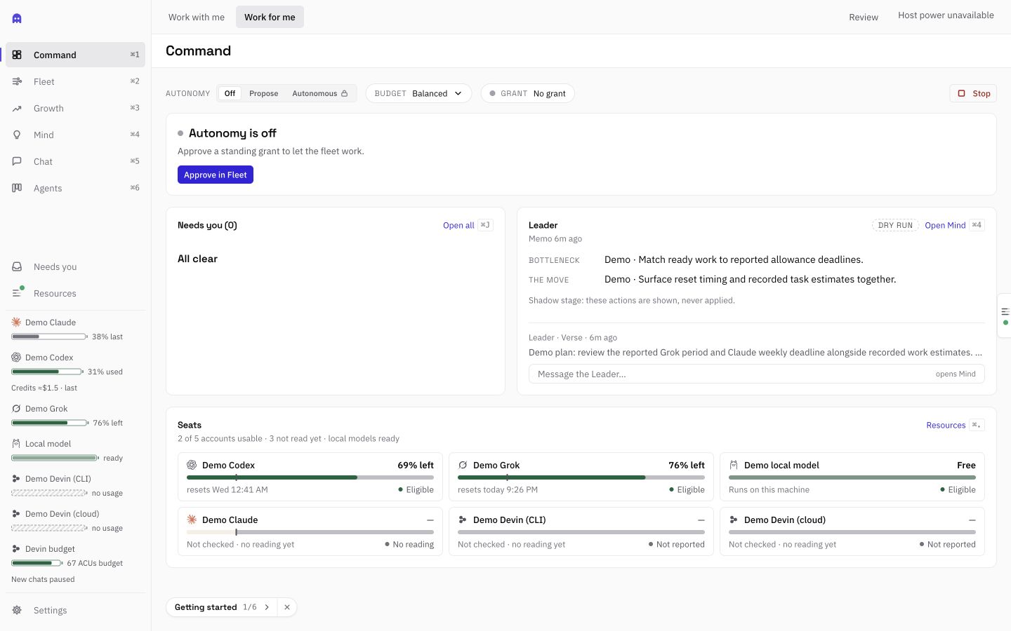 Phantom 3.24.3 Work for me: read-only Command overview with labeled Demo accounts and an illustrative Leader memo.