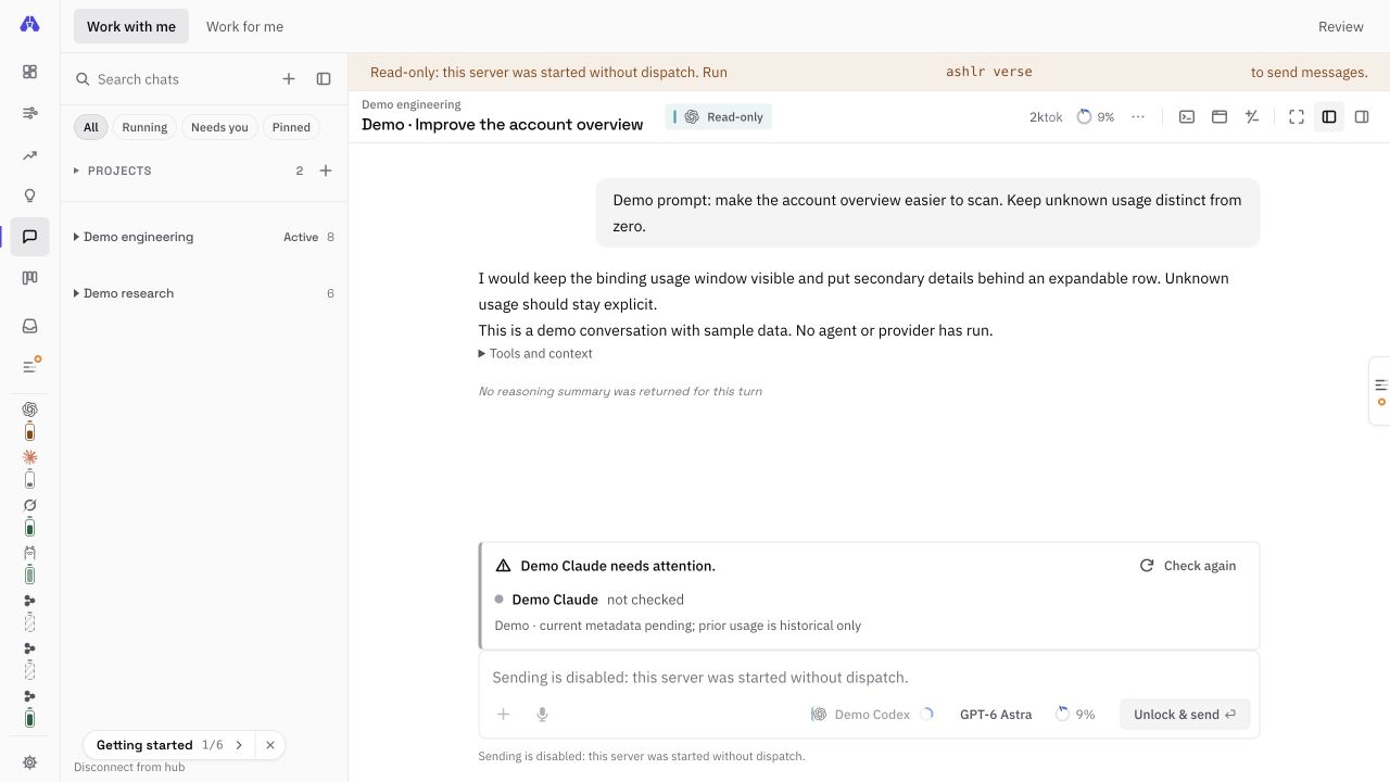 Ashlr Verse 3.22 Work with me: collapsed saved projects and chat groups preserve the active conversation. Labeled demo accounts.