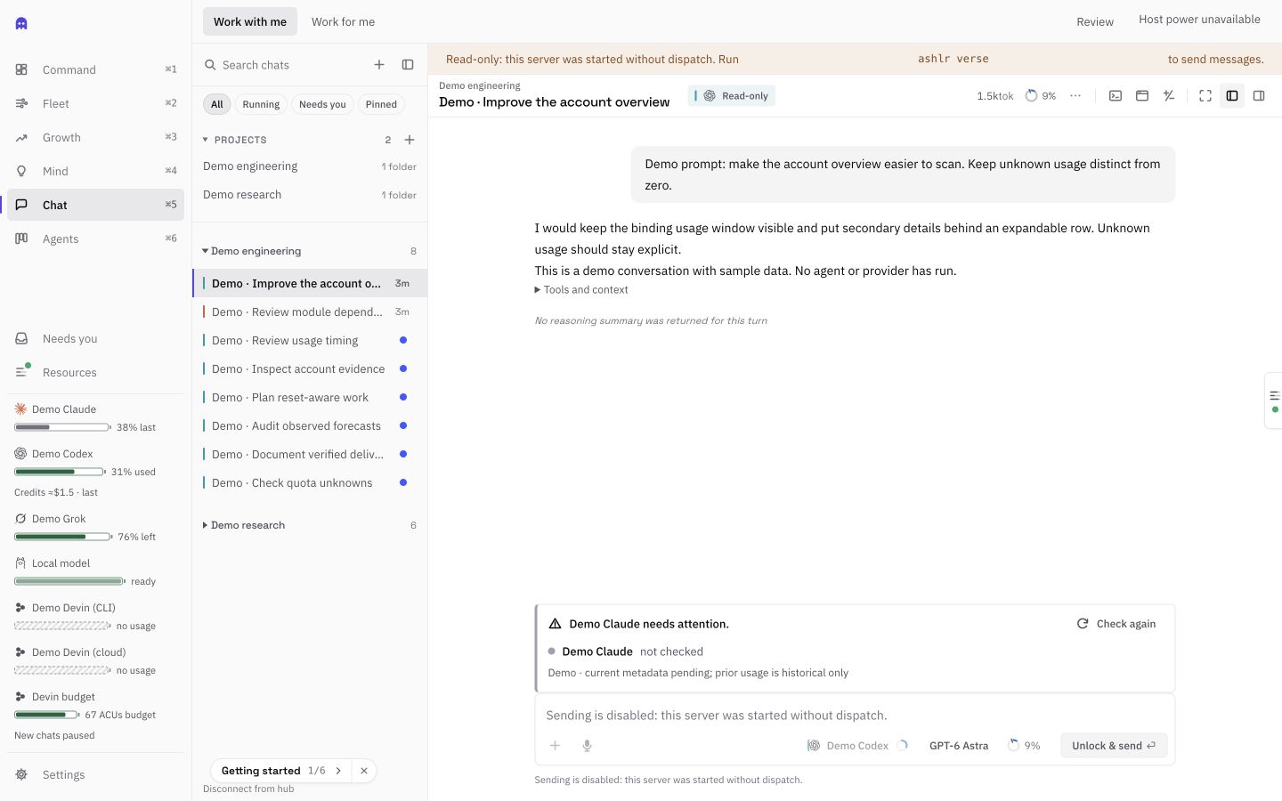 Phantom 3.24.3 Work with me: read-only Demo chat with labeled sample accounts and provider-inactive conversation.